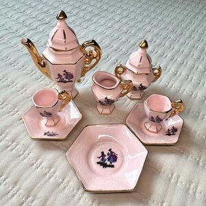 Rare Stamped Alager Karlovy Vary Vintage Light Pink & Gold Miniature Tea Set